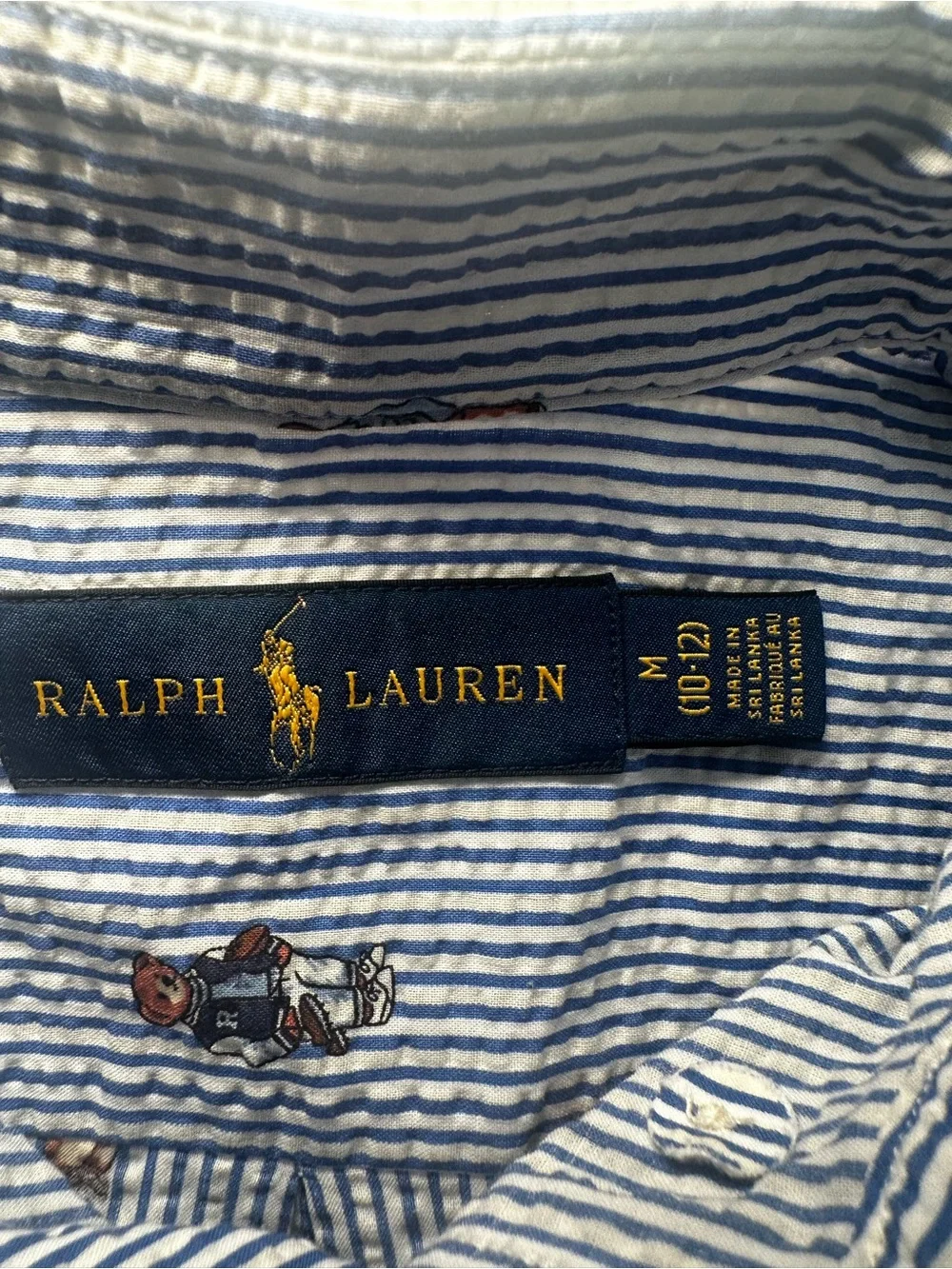 Ralph Lauren Blue and White Striped Embroidered Polo Bear Button-Down Shirt